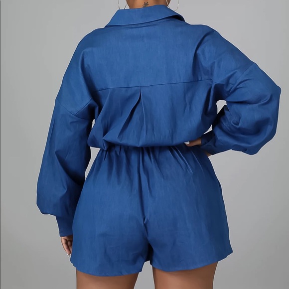 Long Sleeve Denim Romper with Pockets and Elastic Tie Waist XL - Picture 4 of 7